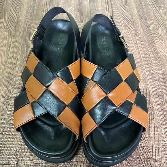 ALOHAS Marshmallow Scacchi Leather Crossover Sandals‎ Black Brown 42 11 11.5 - Picture 3 of 8